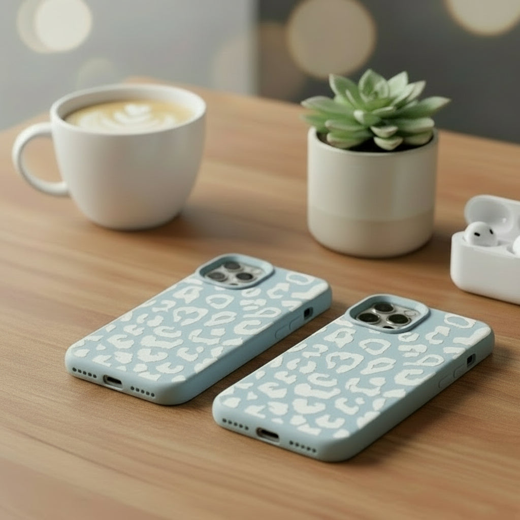 Two phone cases with a white leopard print on a light blue background, placed side by side on a gray surface.