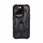 Black phone case with flame design on a white background