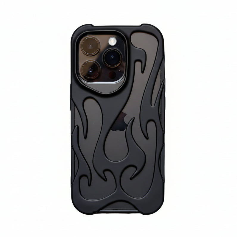 Black phone case with flame design on a white background