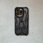 Black phone case with flame design on a light gray surface