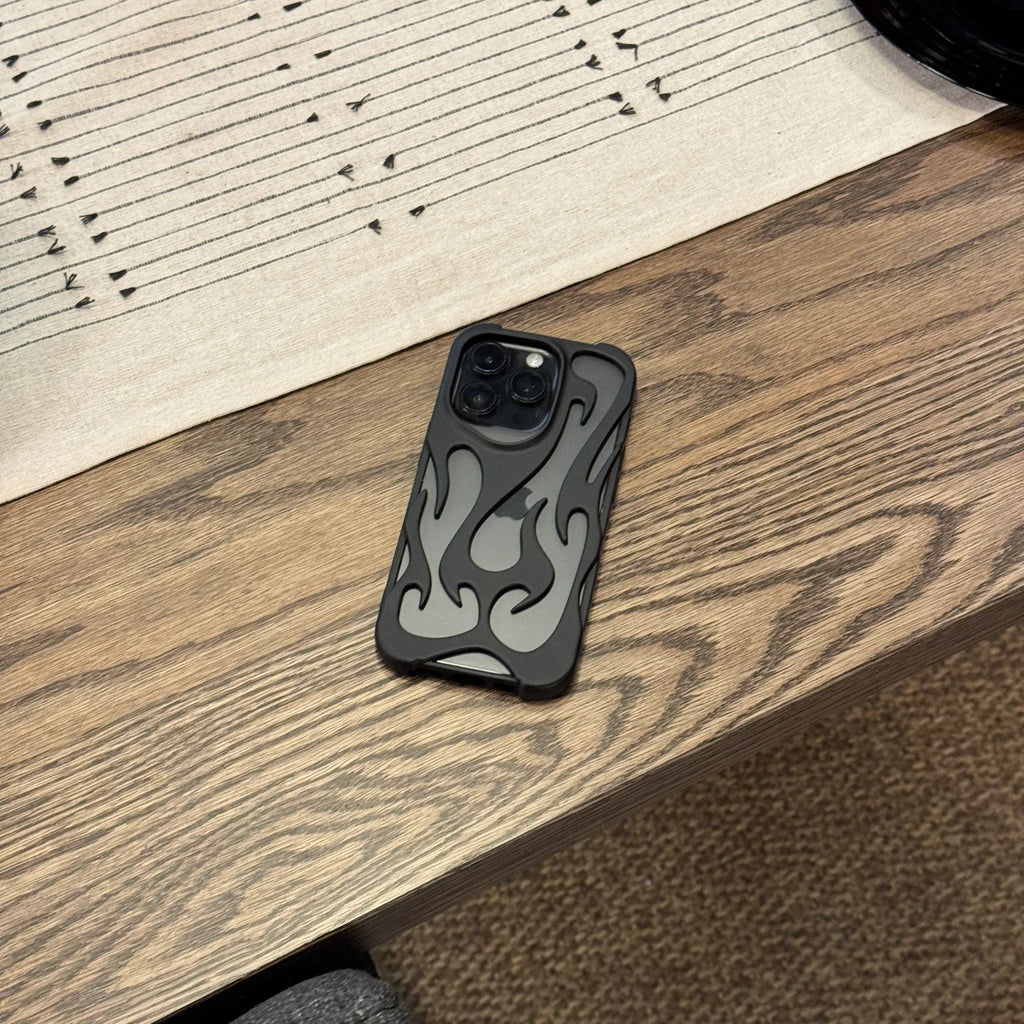 Phone case on a wooden surface with a sheet of music in the background